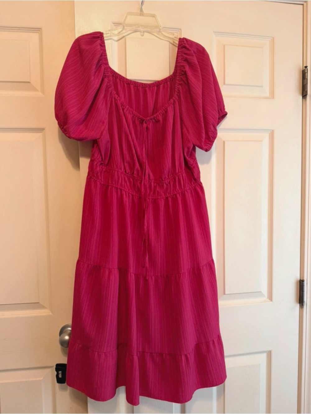 Fuchsia Puff Sleeve Tiered Midi Dress 2X